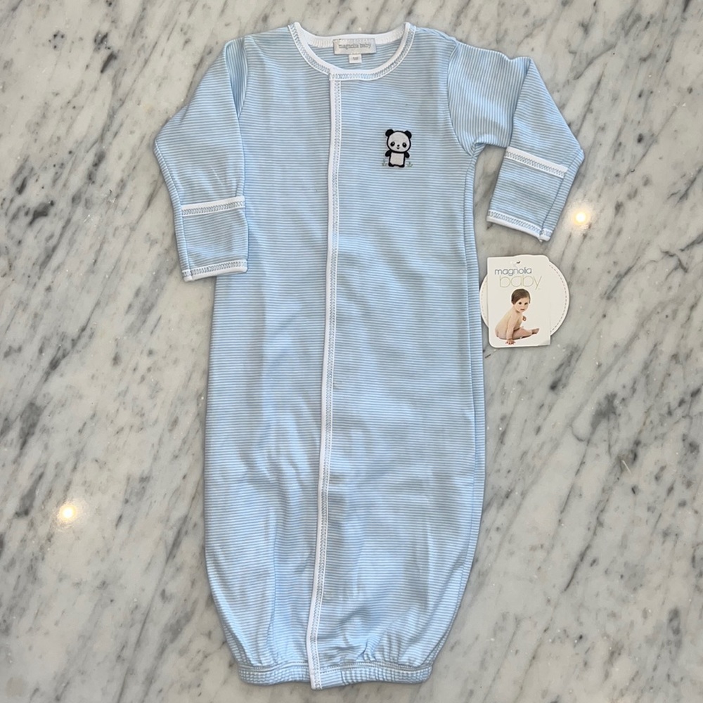 New Magnolia Baby Panda Appliqué Blue Stripe Converter Gown Pants